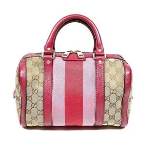 Gucci Vtg GG Beige Supreme Pink Red Web & Leather Joy Boston Tote Bag Auth Small